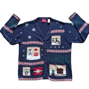 Vintage Christmas Sweater Cardigan Snowmen Wool Blend Rabbit Hair Blue Size 1X